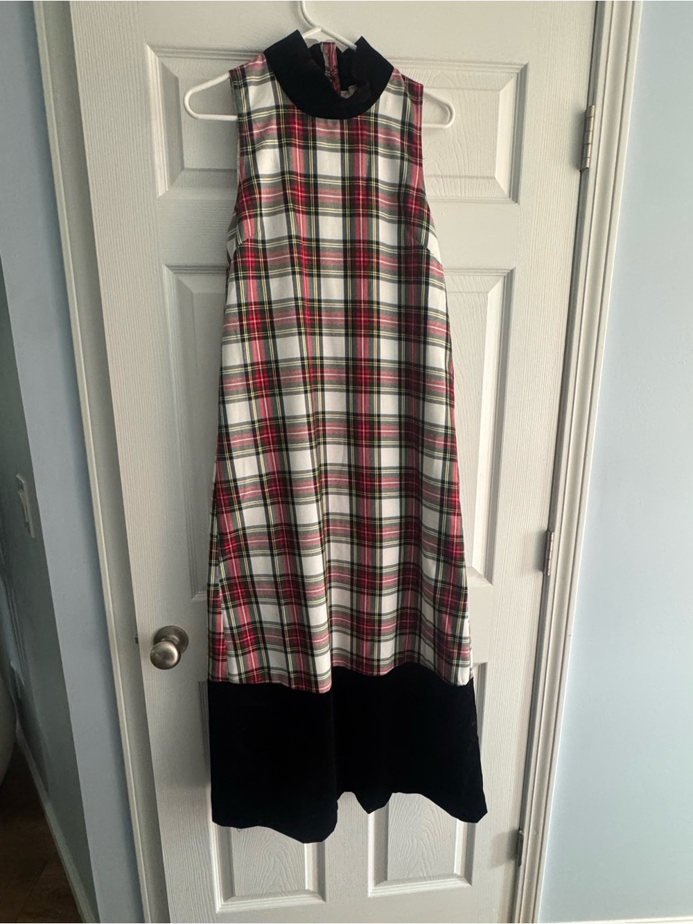 Sleeveless Plaid Maxi Dress with Velvet Black Trim and neck.